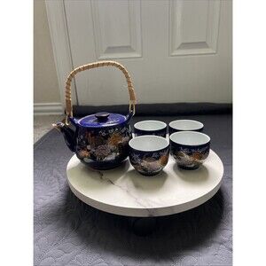 ASAHI VTG 5pc COBALT BLUE JAPANESE/ASIAN TEA SET DECOR/PEACOCK GOLD RIM HOME GIF